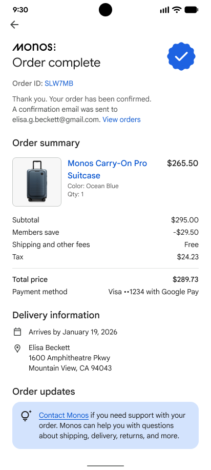 Example user interface showing order confirmation details