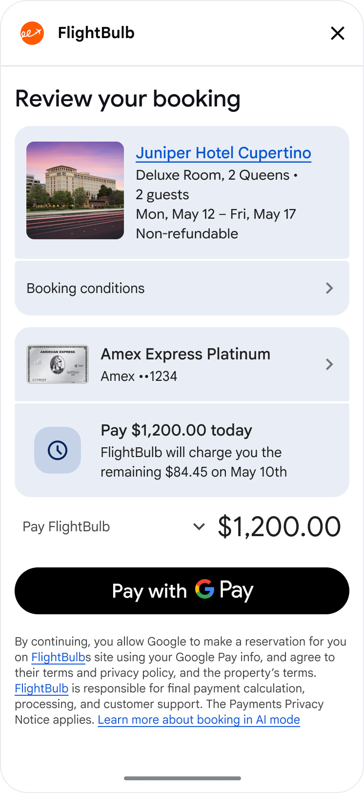 Example user interface showing hotel booking details