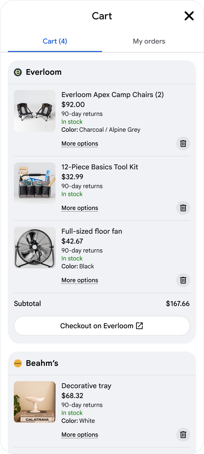 Example user interface showing cart details